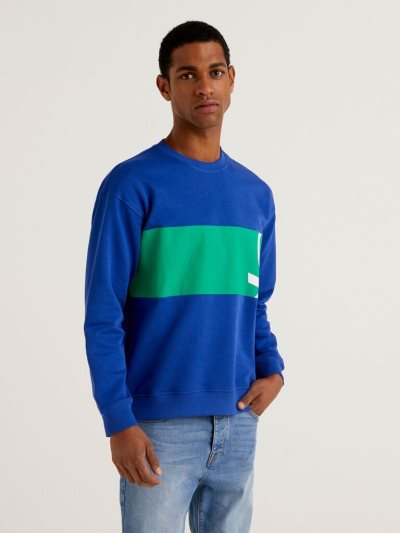 Bright Blue Men's Benetton Crew Neck Logo Print Sweatshirt | AU070475