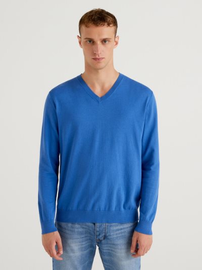 Bright Blue Men's Benetton Lightweight Cotton Blend V-neck Sweaters | AU501293