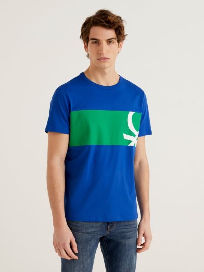 Bright Blue Men's Benetton Logo Print Short Sleeve T-shirts | AU477983