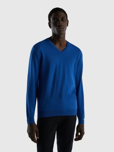 Bright Blue Men's Benetton Pure Cotton V-neck Sweaters | AU021669