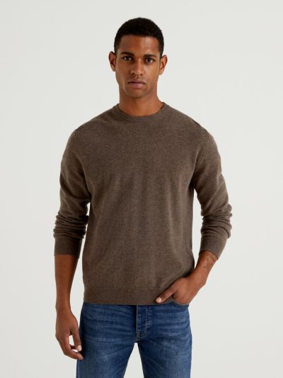 Brown Men's Benetton Crew Neck Pure Merino Wool Sweaters | AU551835