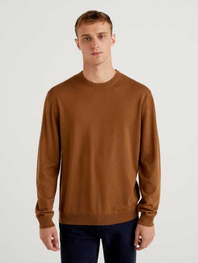 Brown Men's Benetton Crew Neck Pure Virgin Wool Sweaters | AU037434