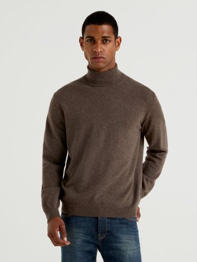 Brown Men's Benetton Pure Merino Wool Turtleneck High Neck Sweaters | AU932420