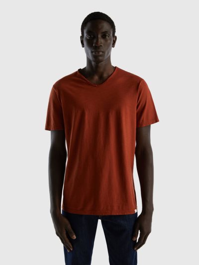 Brown Men's Benetton V-neck 100% Cotton Short Sleeve T-shirts | AU854355