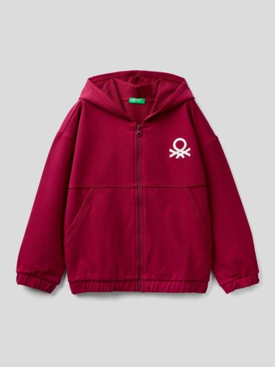 Burgundy Kids' Benetton Warm Zip And Embroidered Logo Hoodie | AU384209