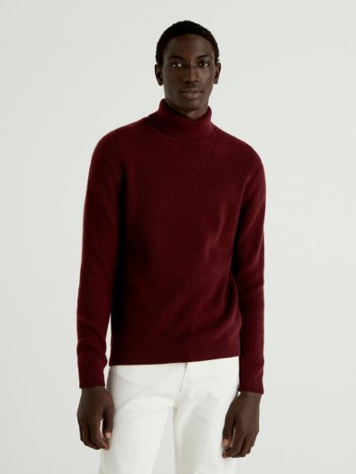 Burgundy Men's Benetton Cashmere Blend Turtleneck High Neck Sweaters | AU071585