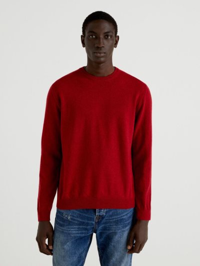 Burgundy Men's Benetton Crew Neck Pure Merino Wool Sweaters | AU472560