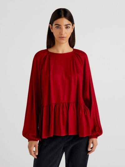 Burgundy Women's Benetton 100% Viscose Frill Blouse | AU495357