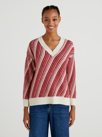 Burgundy Women's Benetton Jacquard V-neck Sweaters | AU783874