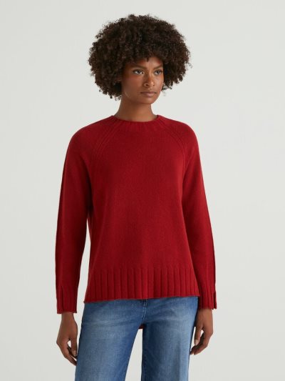 Burgundy Women's Benetton Ribbed Knit Crew Neck Sweaters | AU299006