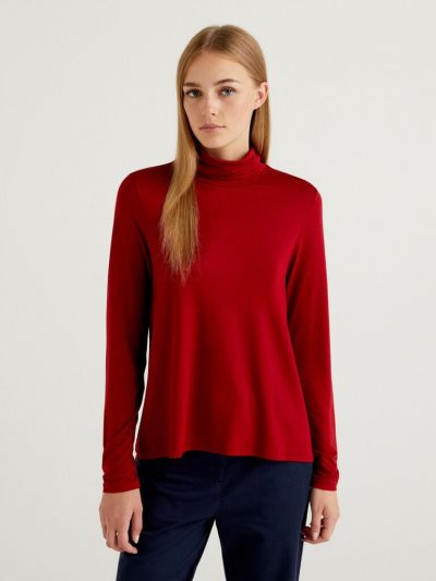 Burgundy Women's Benetton Sustainable Stretch Viscose Turtleneck Long Sleeve T-shirts | AU190980