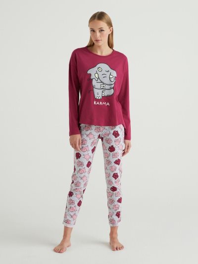 Burgundy Women's Benetton Warm Cotton Print Matching Sets | AU141072