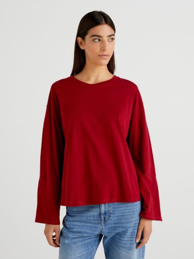 Burgundy Women's Benetton Wide Sleeve Long Fiber Cotton Long Sleeve T-shirts | AU506877