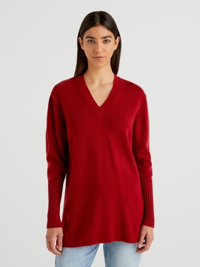 Burgundy Women's Benetton Wool Blend V-neck Sweaters | AU665820