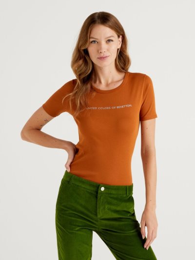 Burnt Women's Benetton 100% Cotton Glitter Print Logo Short Sleeve T-shirts | AU921859