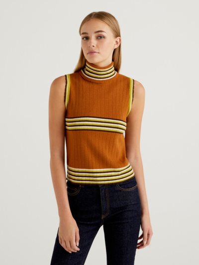 Burnt Women's Benetton Sleeveless Stripes Turtleneck High Neck Sweaters | AU175395