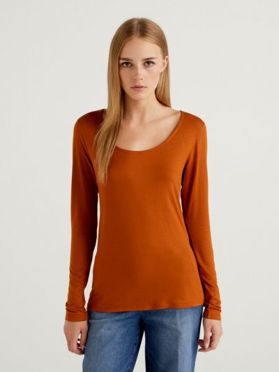 Burnt Women's Benetton Sustainable Stretch Viscose Long Sleeve T-shirts | AU401880