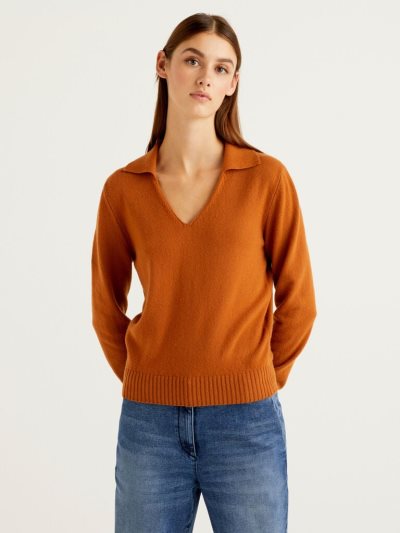 Burnt Women's Benetton Wool And Cashmere V-neck Sweaters | AU291764