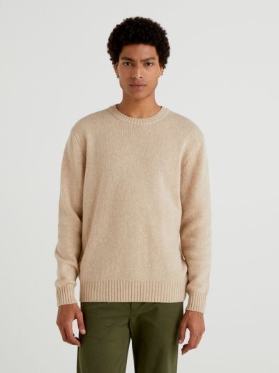 Camel Men's Benetton Shetland Wool Crew Neck Sweaters | AU249700