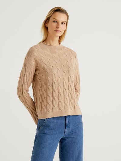 Camel Women's Benetton Cable Knit High Neck Sweaters | AU979981