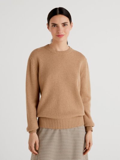 Camel Women's Benetton Pure Shetland Wool Crew Neck Sweaters | AU066993