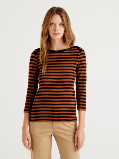 Camel Women's Benetton Striped 3/4 Sleeve 100% Cotton T Shirts | AU699412