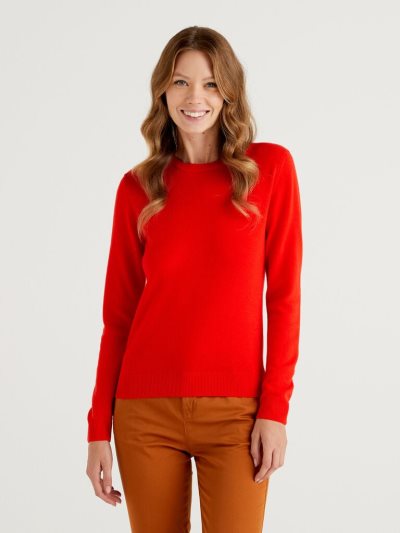 Coral Red Women's Benetton Crew Neck Merino Wool Sweaters | AU163502