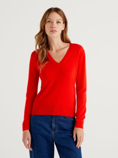 Coral Red Women's Benetton Pure Merino Wool V-neck Sweaters | AU039798