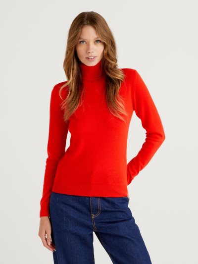 Coral Red Women's Benetton Pure Merino Wool Turtleneck High Neck Sweaters | AU450969