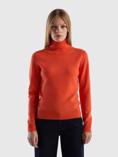 Coral Women's Benetton Pure Merino Wool Turtleneck High Neck Sweaters | AU064657