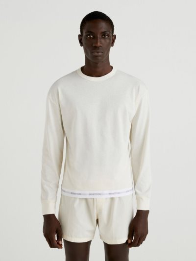 Cream White Men's Benetton Logoed Elastic Sweatshirt | AU596155