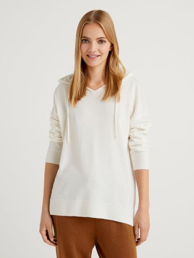 Cream White Women's Benetton Color Cashmere Blend Hood V-neck Sweaters | AU252278