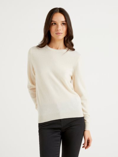 Cream White Women's Benetton Crew Neck Merino Wool Sweaters | AU874793