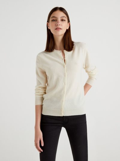 Cream White Women's Benetton Crew Neck Pure Merino Wool Cardigan | AU276792