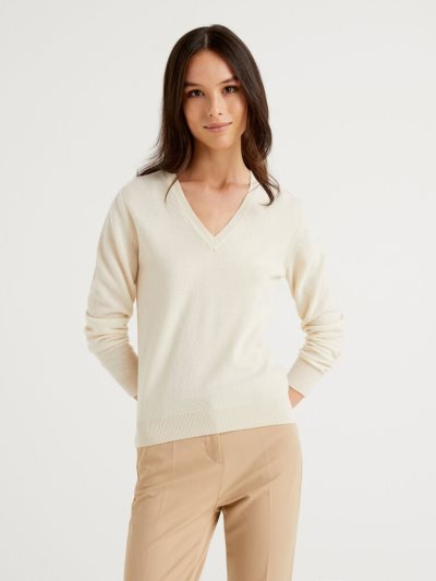 Cream White Women's Benetton Pure Merino Wool V-neck Sweaters | AU128151