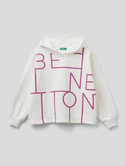 Creamy White Kids' Benetton 100% Cotton Boxy Hoodie | AU512541