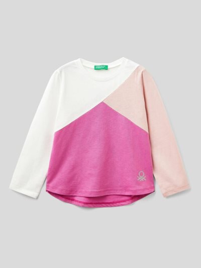 Creamy White Kids' Benetton 100% Cotton Color Block Long Sleeve T-shirts | AU633511