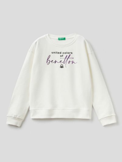 Creamy White Kids' Benetton 100% Cotton Logo Sweatshirt | AU822114