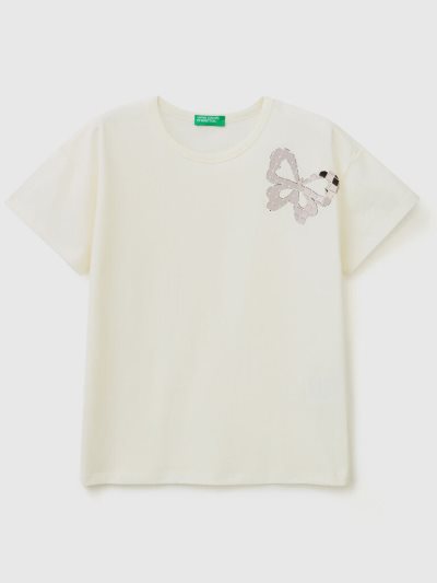 Creamy White Kids' Benetton Boxy Fit Applique Short Sleeve T-shirts | AU465120