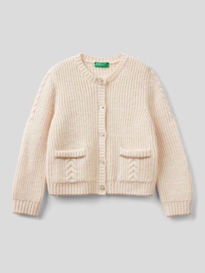 Creamy White Kids' Benetton Buttons And Pockets Cardigan | AU254778