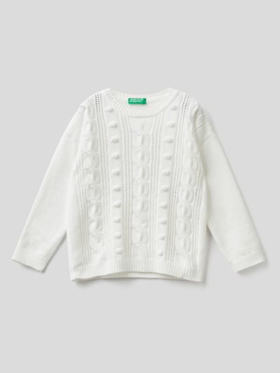 Creamy White Kids' Benetton Cable Knit Chenille Sweaters | AU379892