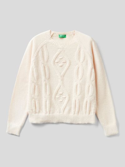 Creamy White Kids' Benetton Cable Knit Chenille Sweaters | AU907559