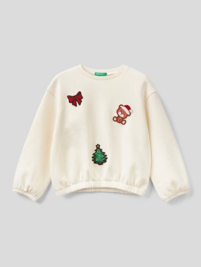 Creamy White Kids' Benetton Christmas Patch Sweatshirt | AU021065