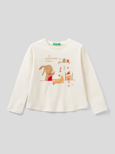 Creamy White Kids' Benetton Christmas Prints Long Sleeve T-shirts | AU481634