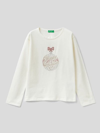 Creamy White Kids' Benetton Christmas Warm Organic Cotton Long Sleeve T-shirts | AU666522