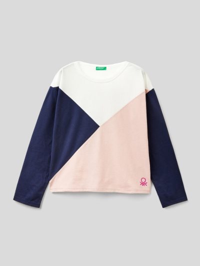 Creamy White Kids' Benetton Color Block Glittery Logo Long Sleeve T-shirts | AU244567