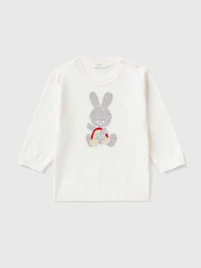 Creamy White Kids' Benetton Cotton Inlay Sweaters | AU899024