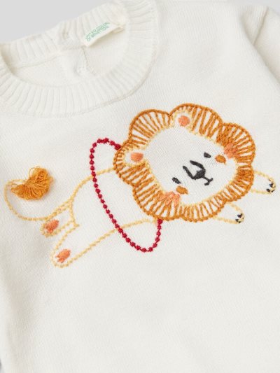 Creamy White Kids' Benetton Crew Neck Embroidery Sweaters | AU768702