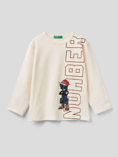 Creamy White Kids' Benetton Crew Neck Warm Cotton Long Sleeve T-shirts | AU073410