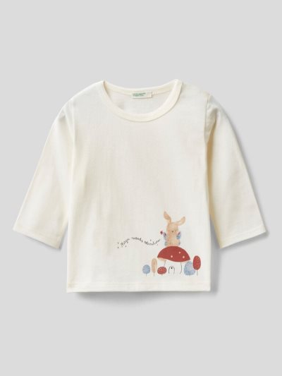 Creamy White Kids' Benetton Crew Neck Warm Organic Cotton T Shirts | AU508125